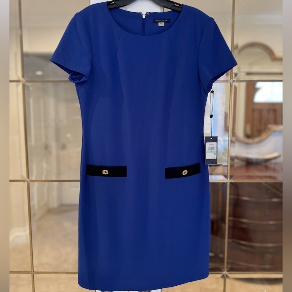 Tommy Hilfiger Cobalt Blue Short Sleeve Sheath Dress with Black Trim